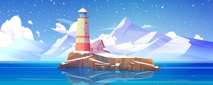 免費 Vector 冬季風景,島上有燈塔