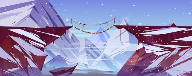 絶壁と氷の峰に架かる山の吊橋のある冬の風景雪の岩の漫画イラスト崖と降雪の間の深淵に架かる木製のロープの橋