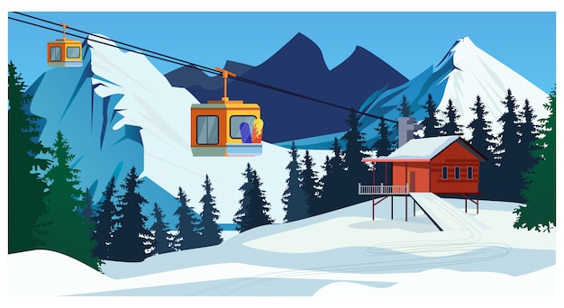 Winter landscape with ropeway station and ski cable cars