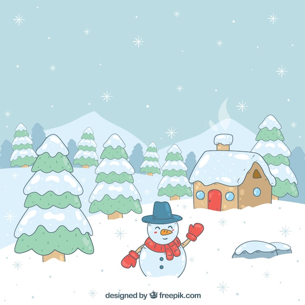 Бесплатное векторное изображение Зимний пейзаж с снеговиком и домом