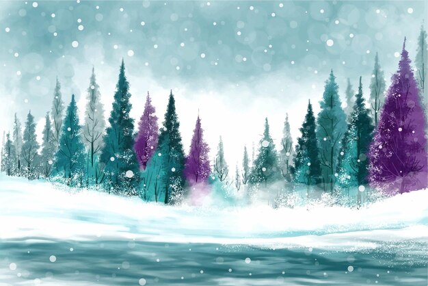 Зимний пейзаж со снежной елкой на фоне открытки