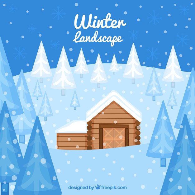 Winter landscape with wooden house