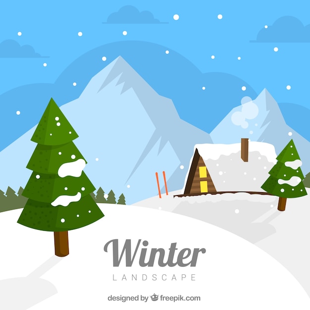 Free vector winter landscape with wooden house