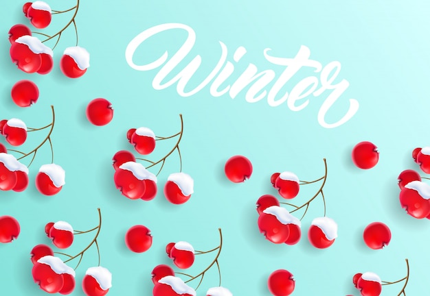 Winter lettering on background with rowan berries pattern