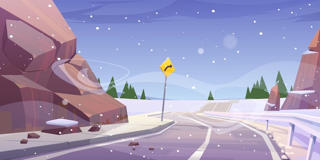 Free vector winter mountain asphalt road with fencing and sign