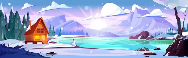 Lago invernale di montagna e casa boschiva natura sfondo cartone animato cottage in una bellissima valle innevata ambiente illustrazione albero di pino e stagno ghiacciato ecosistema con capanna di legno scena di sfondo del gioco