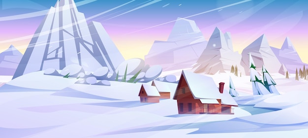 Free vector winter mountain landscape houses under snowslide