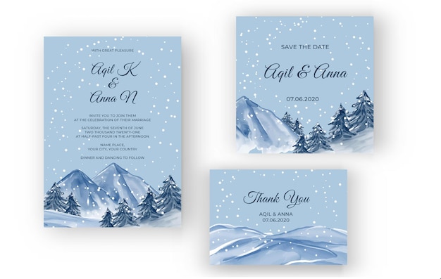 Free vector winter mountain landscape watercolor wedding invitation