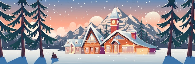 Paesaggio della montagna di inverno con l'illustrazione delle case o degli chalet