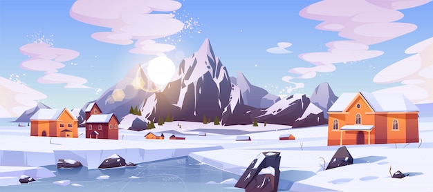 Free vector winter mountain landscape with houses