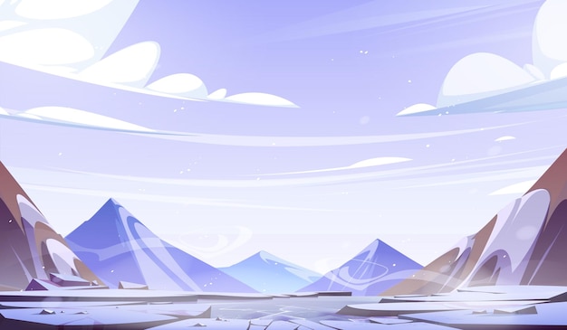 Бесплатное векторное изображение Зимний горный пейзаж с вектором ледяной трещины озера снежный фон карикатура иллюстрация с замерзшим пиком снежная скалистая природа панорама сцена опасная дыра в речной воде возле скального пейзажа