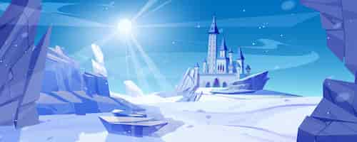 Бесплатное векторное изображение Зимний горный пейзаж со средневековым замком векторная мультфильмная иллюстрация сказочного замороженного дворца с башнями скалистый фон, покрытый льдом и снегом снежинки в воздухе волшебное холодное королевство