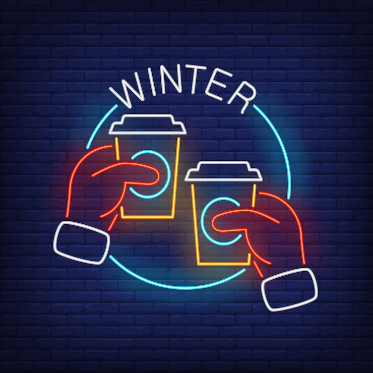 Free Vector winter neon lettering with hands in mittens holding plastic cups