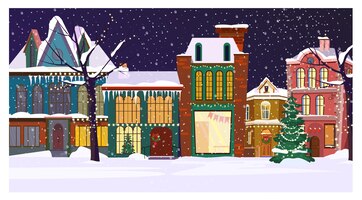 Зимний ночной город с домами и украшенной елкой