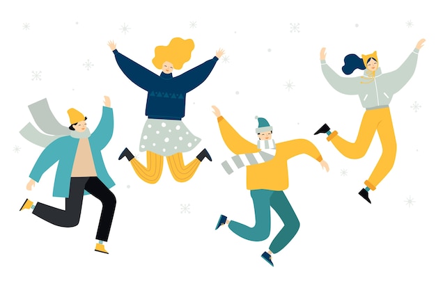 Free vector winter people jumping illustrated