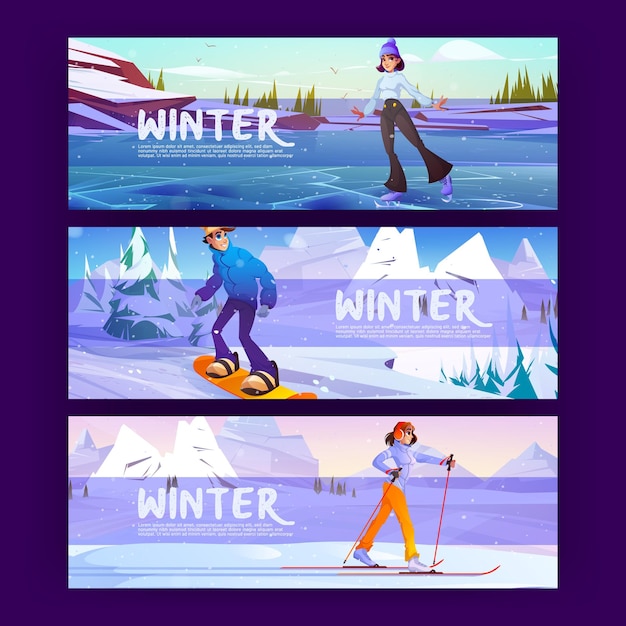 Winter poster with people on snowboard ski skate