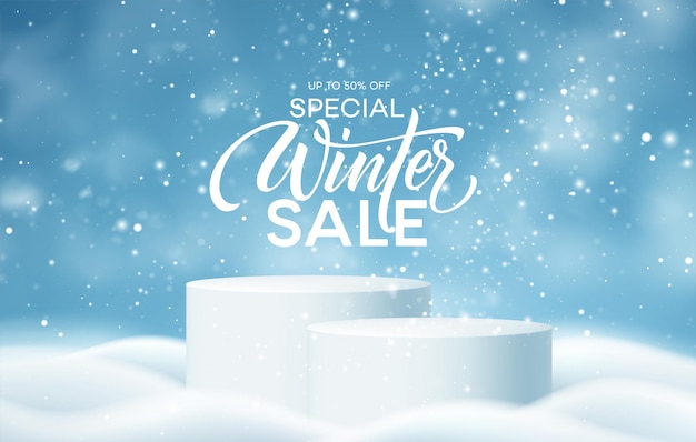 Winter Product podium on the background of drifts, snowflakes and snow. Realistic product podium for winter and christmas discount design, sale. Vector illustration