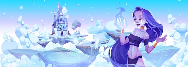 Winter queen looking at frozen castle on floating island vector cartoon illustration of blue skin witch character against background of medieval fortress flying on snowy pieces of land in cold clouds