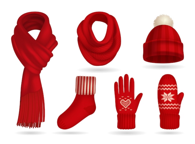 Vettore gratuito insieme realistico dei vestiti tricottati rosso di inverno con i guanti e la sciarpa isolati