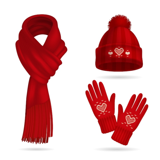 Winter red knitwear realistic set with hat and gloves isolated