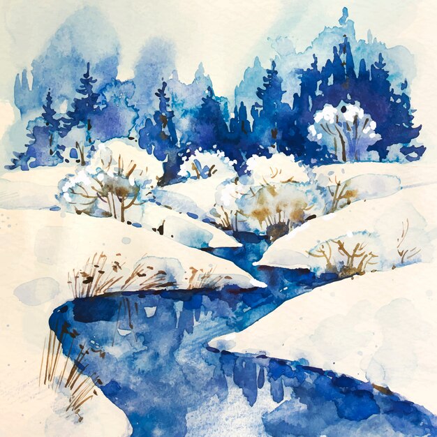 Winter river with trees landscape