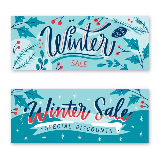 Winter sale banners with hand drawn elements pack