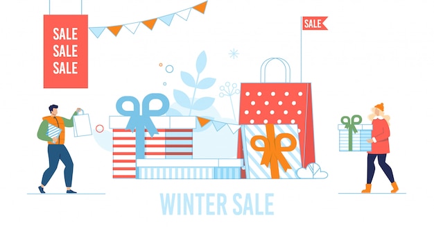 Winter sale flat illustration with people prepare gifts