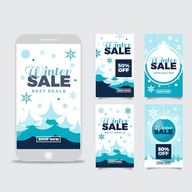 Free vector winter sale instagram stories collection