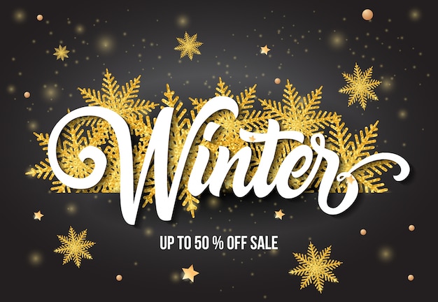 Winter Sale Lettering and Gold Snowflakes