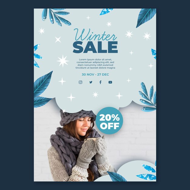 Free vector winter sale poster template with photo