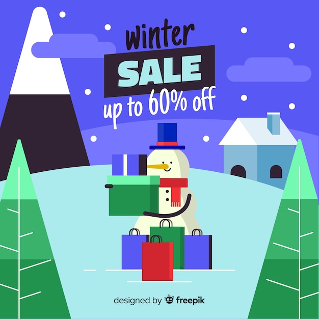 Winter sale snowman holding box background