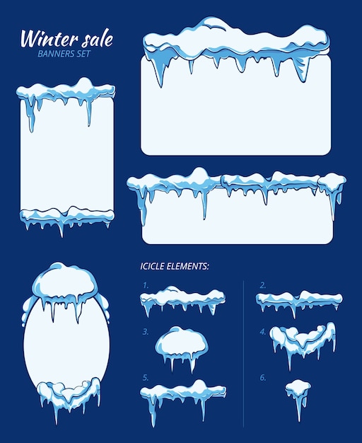 Adesivi, cartellini e striscioni di saldi invernali con ghiaccioli. lenzuolo gelido, cristallo di neve. set di illustrazione vettoriale