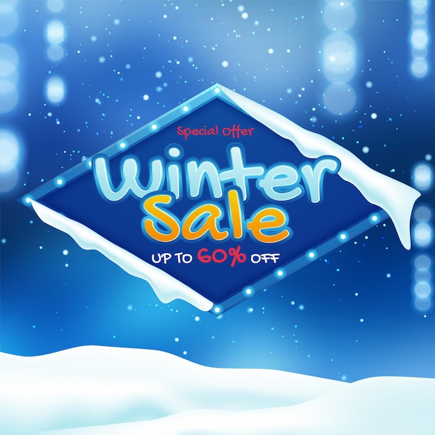 Winter sale vector banner design with white snowflakes elements