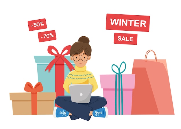 겨울 판매 배너입니다. 소녀는 온라인으로 선물과 선물을 쇼핑하고 있습니다. 배경 겨울 포스터, 인사말 카드, 웹 사이트에 대한 그림