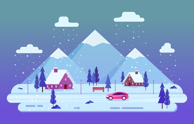 Зимняя сцена снежный пейзаж с соснами гора простая иллюстрация