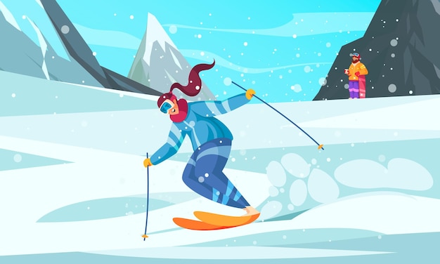 Winter ski resort cartoon composition