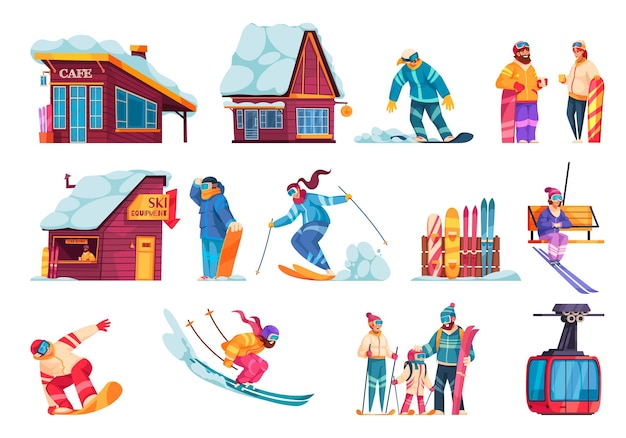 Winter Ski Resort Cartoon Set