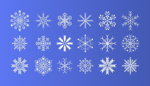 フラットなデザインラインの黒い雪片のクリスマスと新年の装飾要素セット クリスマスバナー ポストカードの素敵な要素 冬の雪の結晶の結晶要素 プレミアムベクター