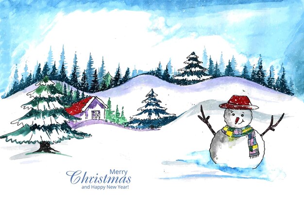 冬の雪の風景と家のクリスマスツリーのホリデーカードのデザイン