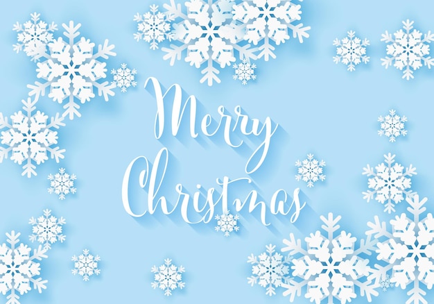 青い背景の冬のスノーフレークグリーティングバナーメリークリスマス白い雪の招待コンセプト 無料ベクター