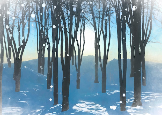 Winter snowy solstice forest landscape in watercolour