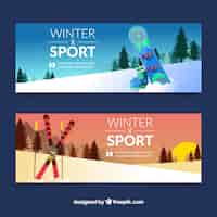 Free vector winter sport banners with snowboard and sunset
