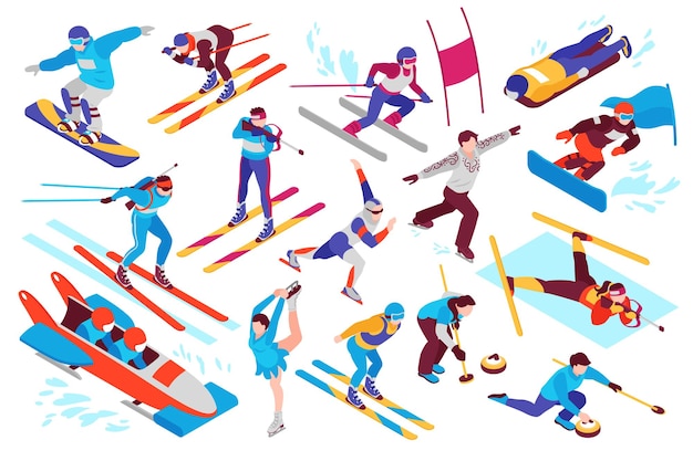 Изометрический набор зимних видов спорта со сноубордом, горными лыжами, биатлоном, керлингом, фигурным катанием, бобслеем, изолированная векторная иллюстрация