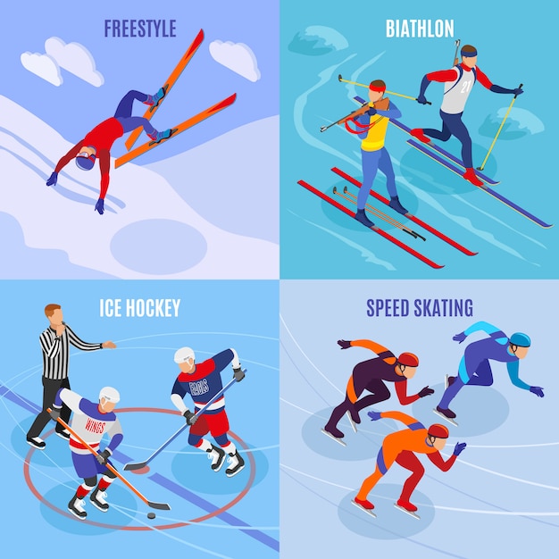 Бесплатное векторное изображение Зимние виды спорта 2х2 концепт набор фристайл на коньках хоккей биатлон квадратные иконки изометрические