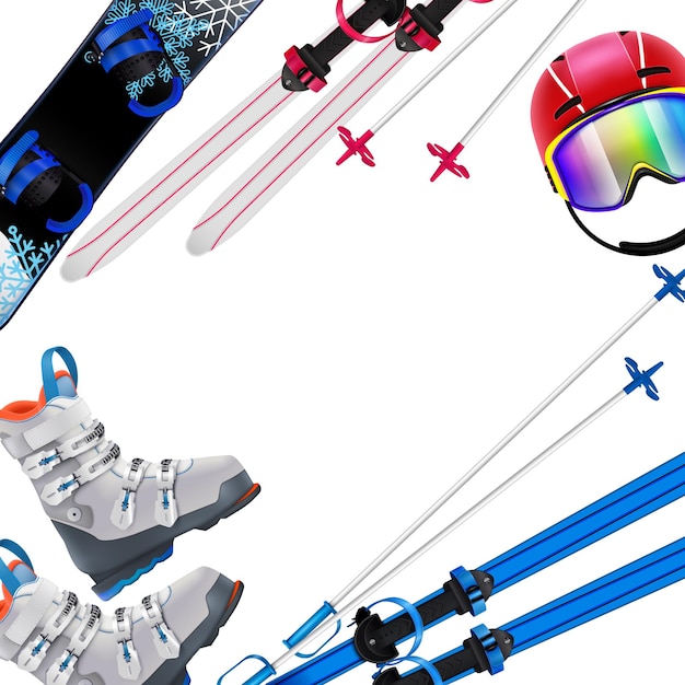 Winter sports equipment realistic frame with snowboard ski helmet boots on white background