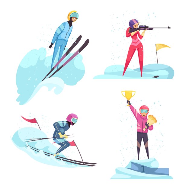 Набор иконок зимних видов спорта с изолированными плоскими символами лыж и биатлона