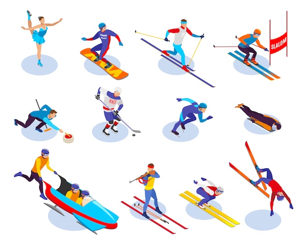 Free vector winter sports isometric icons set of  snowboarding slalom curling freestyle figure skating ice hockey biathlon isometric