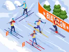 Free vector winter sports isometric  illustrated athletes on ski participating in biathlon competitions