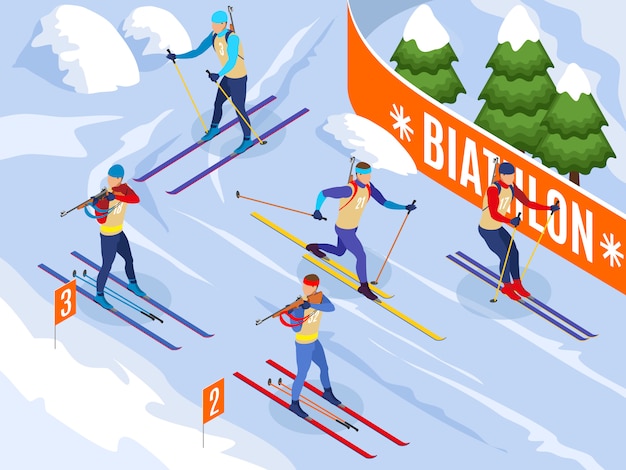 Зимние виды спорта изометрические иллюстрированные спортсмены на лыжах участвуют в соревнованиях по биатлону