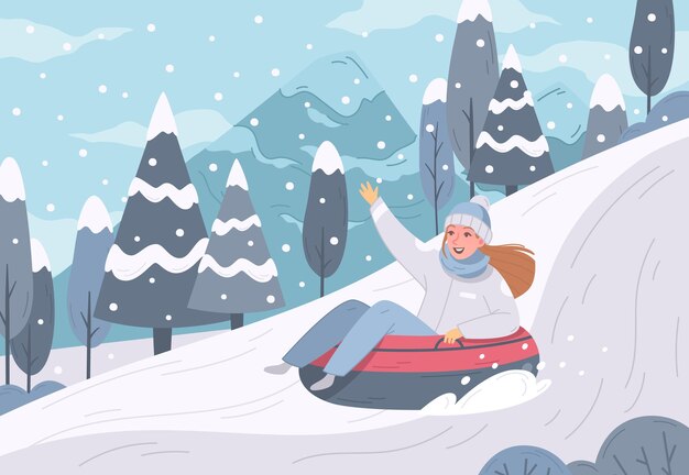 Бесплатное векторное изображение Композиция для зимних видов спорта с женским персонажем, скользящим по горке на надувном кольце